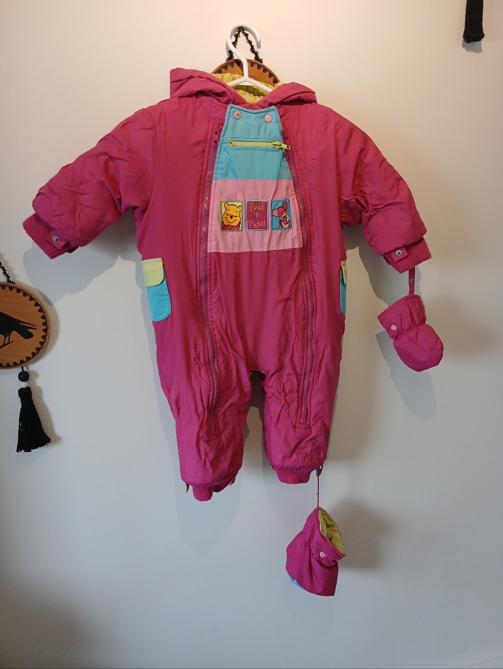 Vintage 90s Disney Winnie The Pooh Pink Hooded Snowsuit with Color-Block Accents